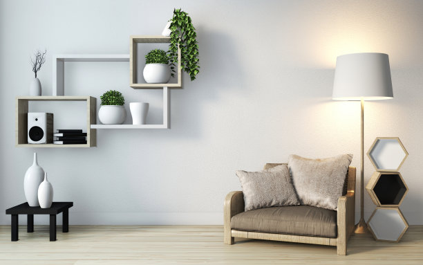 简约现代的禅宗客厅，木地板和墙壁上的木架子日式风格。三维渲染图片下载