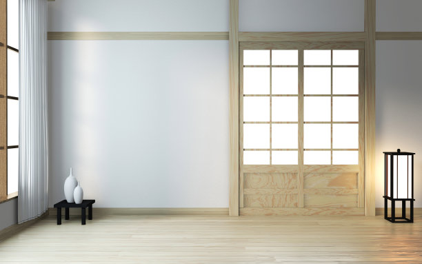 空木禅宗房间内部日本风格。三维渲染图片下载
