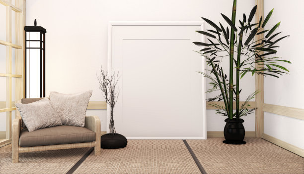 日式客厅的理念，配有台灯、相框和扶手椅，白色墙壁上铺着榻榻米。三维渲染图片下载