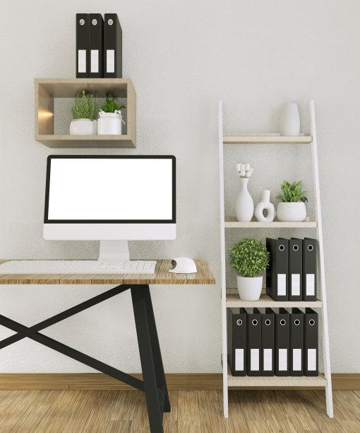 模拟电脑与空白屏幕和装饰在办公室模拟背景。三维渲染图片下载