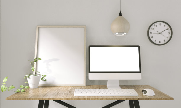 电脑与空白屏幕和装饰在办公室的模拟背景。三维渲染图片下载