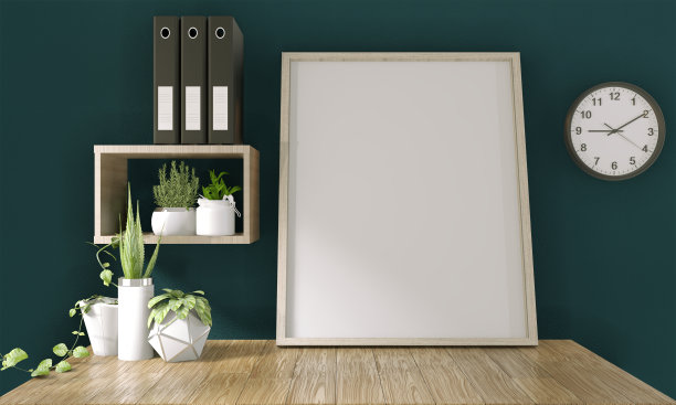 模拟的顶级桌子办公室与装饰的房间模拟设计。三维渲染图片下载