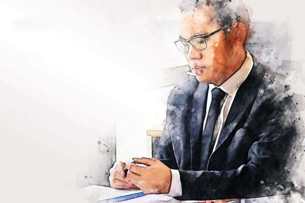 抽象多彩的年轻商人坐在皱巴巴的纸后面期待情感上的水彩插画背景。图片下载