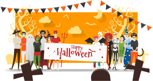 一组青少年在万圣节服装的概念与文字万圣节快乐在墓地的背景，矢量，插图图片下载