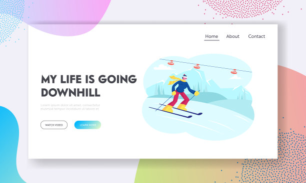 年轻男子滑雪者下坡由滑雪板网站登陆页。冬季运动户外休闲和业余时间。冬季度假活动和乐趣网页横幅。卡通平面矢量插图图片下载
