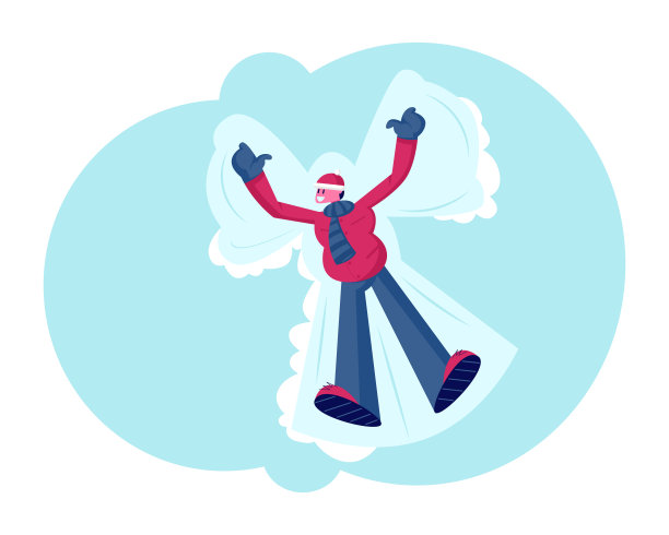 快乐的年轻微笑的男人躺在白雪覆盖的地面上，让雪天使展开双臂和双腿，玩得很开心。冬季娱乐，休闲和户外活动卡通平面矢量插图图片下载