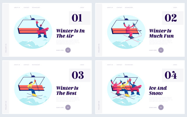 快乐的人在冬季度假网站登陆页面设置。运动员滑雪者和滑雪板上的缆车运输绳索的方式在山上山丘网页横幅。卡通平面矢量插图图片下载