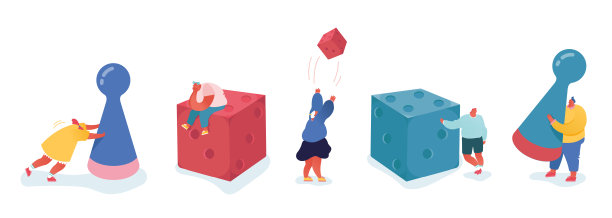 一组人物在玩棋盘游戏，掷骰子。经营风险与赌博观念。战略规划，团队合作理念。获奖的男女插图。卡通向量图片下载