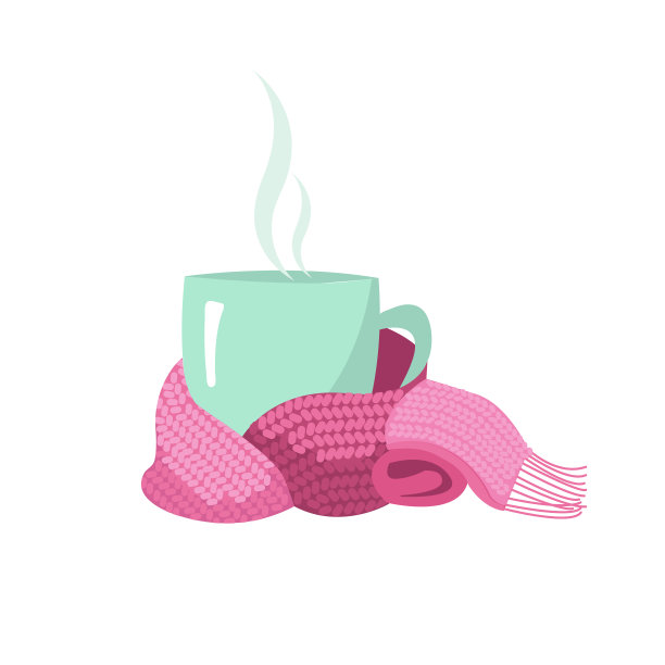 围着围巾的杯子。马克杯，裹着一条温暖的针织围巾。气候变暖，适合外出。平面卡通风格插图上的白色背景。图片下载
