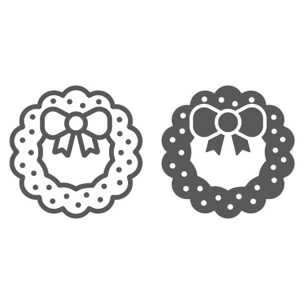 圣诞花环与弓线和字形图标，圣诞节和装饰，假日花环标志，矢量图形，在白色背景上的线性模式。图片下载