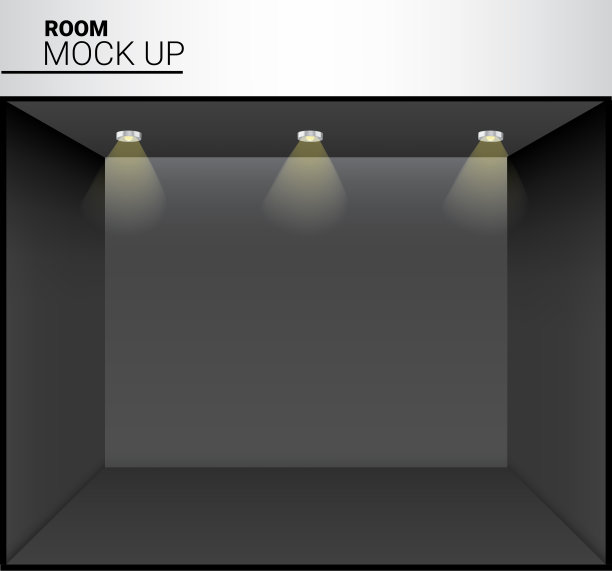 3D模拟现实的黑色空房间与灯光商店，商店展览背景插图图片下载