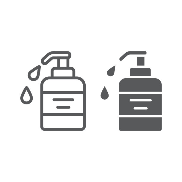 液体肥皂线和字形图标，化妆品和护理，分配器泵标志，矢量图形，白色背景上的线性模式。图片下载