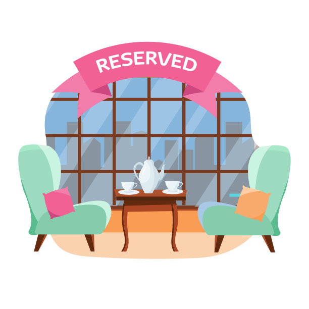 可爱的桌子供两人在咖啡馆附近的全景窗口俯瞰城市。桌上有陶瓷茶壶和茶杯。城市咖啡馆的一张小桌子被预定了。平面卡通矢量插图图片下载