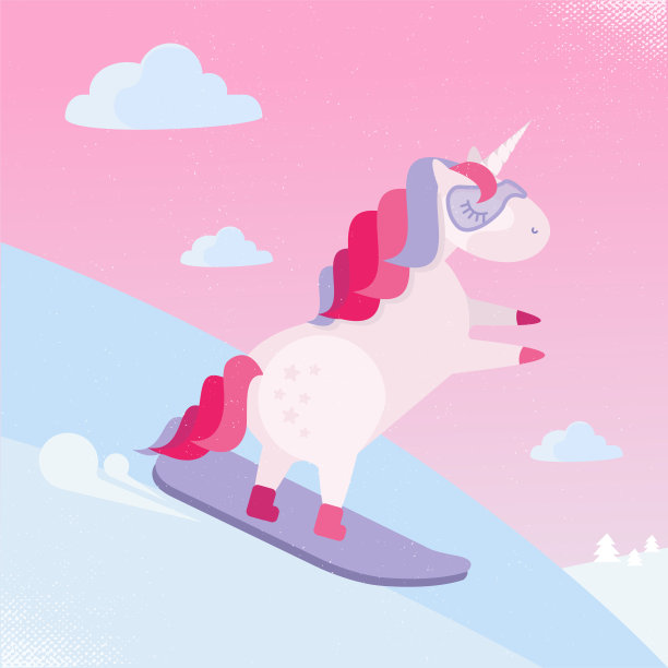 滑雪的独角兽。可爱的独角兽用滑雪板从雪山上滑下来。平面卡通风格的儿童插图。图片下载