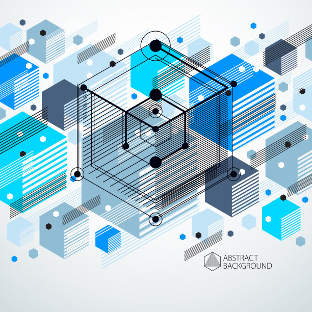 新潮的几何矢量模式，纹理抽象立方体网格蓝色背景。用于平面设计和网页设计的技术方案、抽象工程草案。图片下载