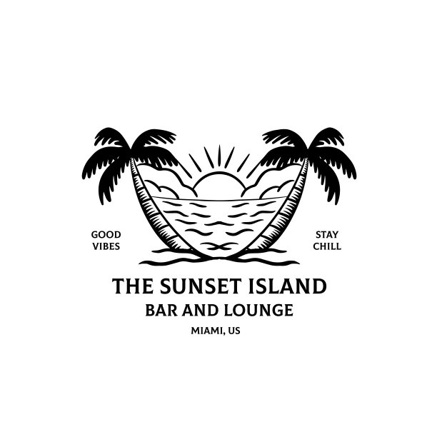 海滩插图标志设计与椰子或棕榈树和太阳绘图。海洋和波浪矢量图形图片下载