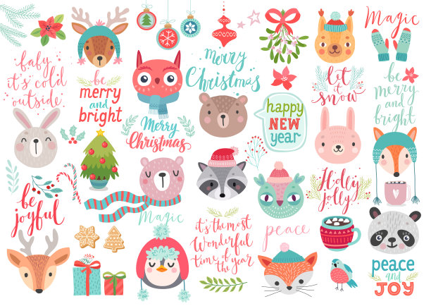 圣诞套装，手绘风格-书法，动物等元素。图片下载