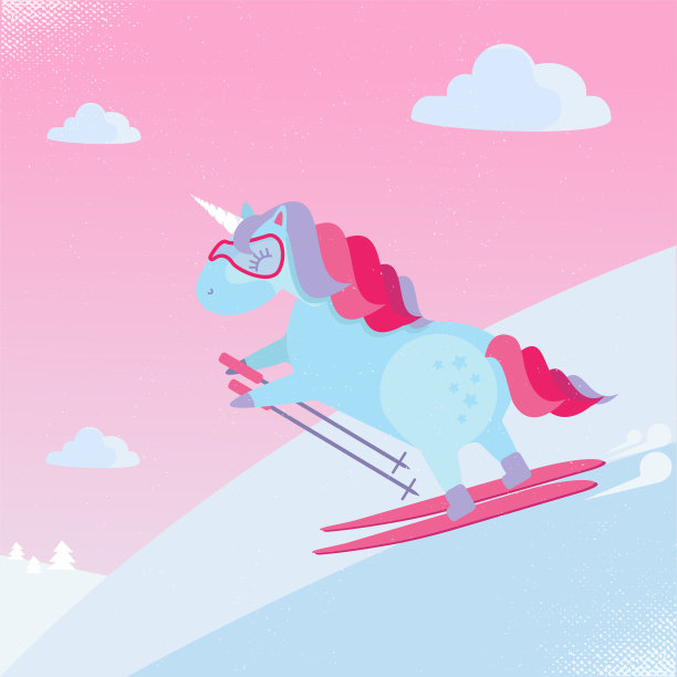 独角兽骑着雪橇下山。蓝色独角兽滑雪和滑雪杖。平面卡通风格的儿童插图。图片下载