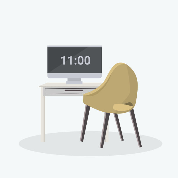 椅子，桌子和电脑显示器，现代办公室或家庭家具白色背景平图片下载