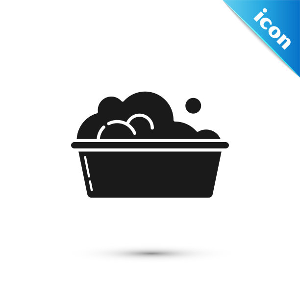 黑色塑料盆与肥皂泡沫图标孤立在白色背景。碗水。洗衣服，清洁设备。矢量图图片下载