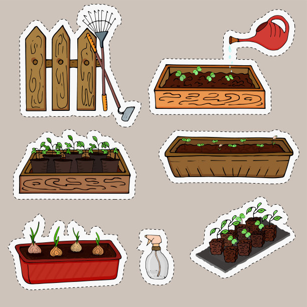 盒子里植物幼苗和大葱的贴纸。向量图片下载