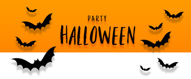 快乐的万圣节横幅与蝙蝠飞过橙色的背景。秋天的节日组成。图片下载