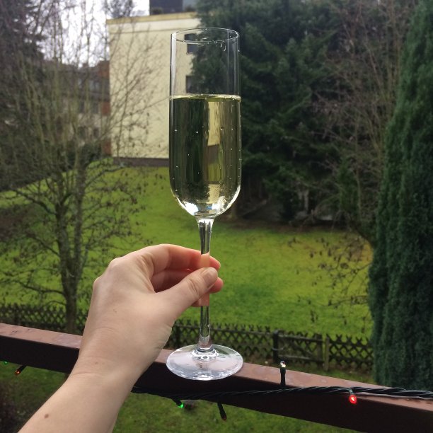 一个女人在绿色草坪上举着一杯白葡萄酒。干杯祝贺。图片下载