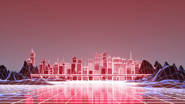 未来的霓虹夜城，火车交通上的铁路桥。三维演示图片下载