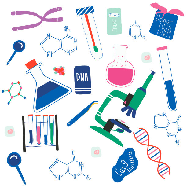 基因工程和基因组或基因测序一套分离元件:螺旋DNA，供体DNA，显微镜，染色体，试管，细胞，cas9 RNA，核苷酸，书籍。矢量图图片下载
