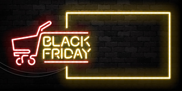 矢量现实隔离霓虹灯黑色星期五框架标志模板装饰和邀请覆盖在墙壁背景。销售、优惠和折扣的概念。图片下载