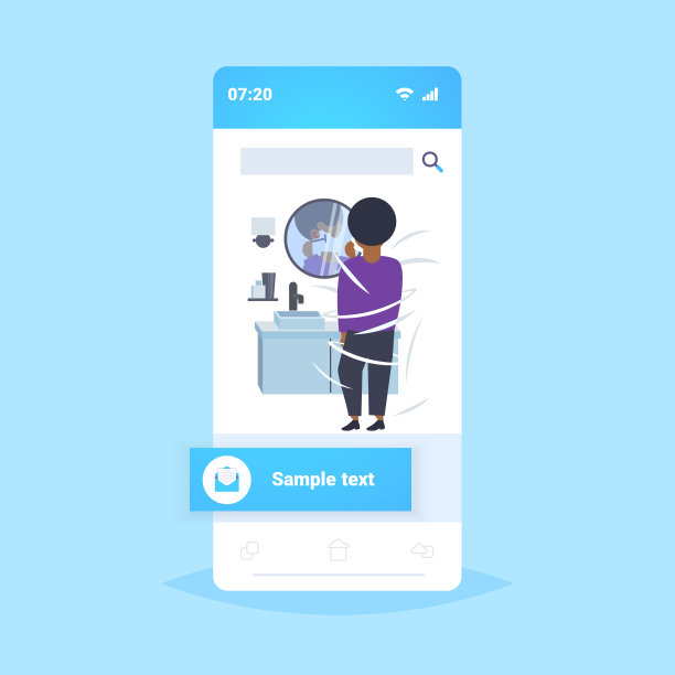 男人刮脸非裔美国人看着镜子现代家庭浴室内部智能手机屏幕移动应用程序平坦全长后视图图片下载