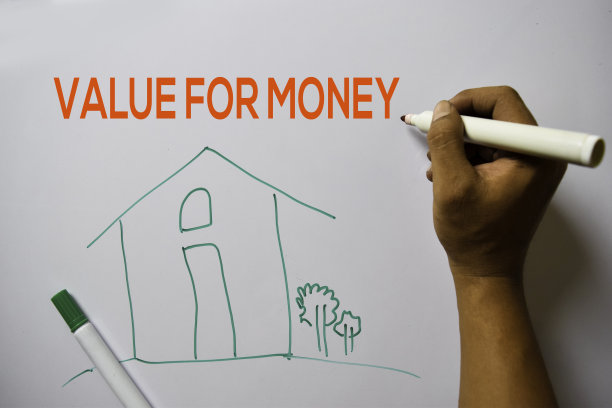 物有所值的文字和油漆房子孤立在白板背景。图片下载