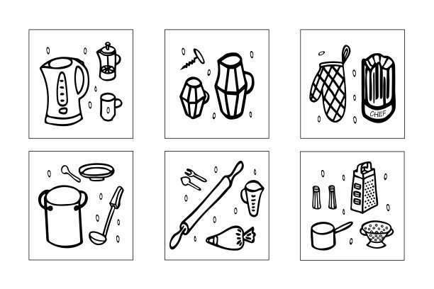 手绘涂色书“厨房工具”。矢量插图。每股收益10图片下载