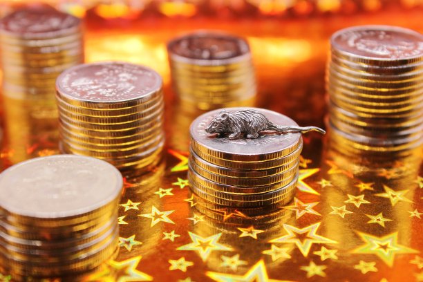 老鼠站在金字塔形的硬币上。许多金字塔状的俄罗斯硬币。图片下载