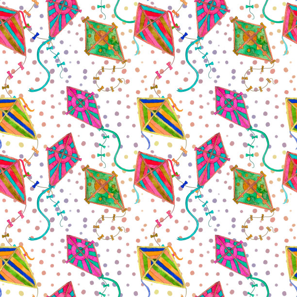 五彩缤纷的风筝充满活力的水彩无缝图案在白色的背景与彩虹波尔卡点图片下载