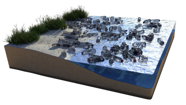 海水中的瓶子，塑料污染的沙滩区域的横截面，白色背景上隔离的海滩立方体(3d插图)图片下载