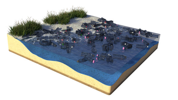 海水中的瓶子，塑料污染的沙滩区域的横截面，白色背景上隔离的海滩立方体(3d渲染)图片下载