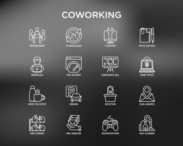 联合办公办公室细线图标集:办公场所、会议室、会议厅、智能办公室、停车场、前台、法定地址、快速互联网、24小时接入、IT支持。矢量插图。图片下载