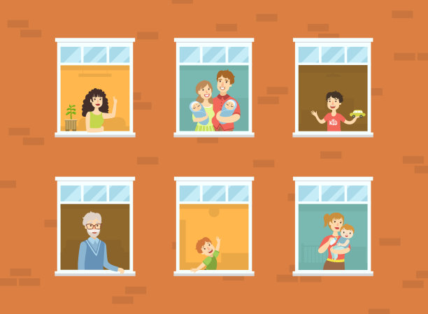 人们看窗外设置，邻居在他们的公寓问候通过窗户矢量插图图片下载