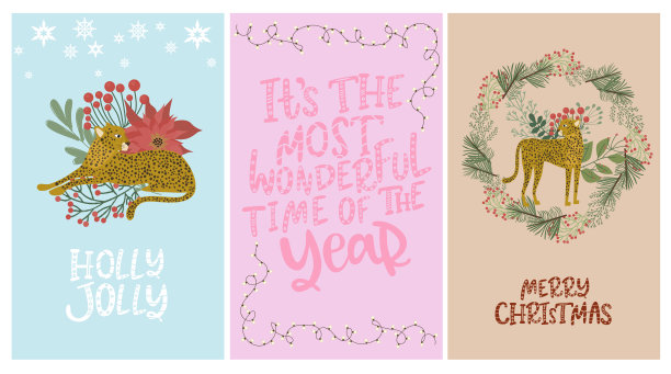 一套圣诞贺卡与豹子，圣诞植物和发光的花环。图片下载