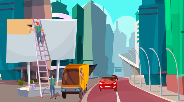 广告牌安装平面矢量插图图片下载