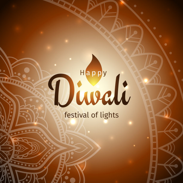 排灯节贺卡快乐。排灯节矢量插图。明亮的指甲花色背景与曼陀罗和灯光。向量假日插图图片下载