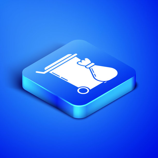 等距垃圾桶图标孤立在蓝色背景。垃圾桶的迹象。回收篮图标。办公室垃圾图标。蓝色方块按钮。矢量图图片下载