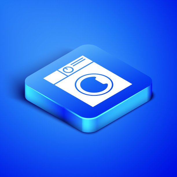 等距垫圈图标隔离在蓝色背景。洗衣机图标。洗衣机-洗衣机。家电的象征。蓝色方块按钮。矢量图图片下载