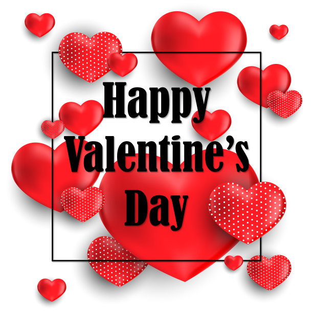 情人节背景红心周围的快乐情人节文本和框架在黑色的白色背景。情人节贺卡或横幅。矢量插图。图片下载