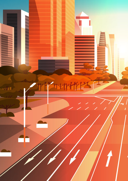 公路沥青公路与标记箭头交通标志城市天际线现代摩天大楼城市景观日落背景平垂直图片下载