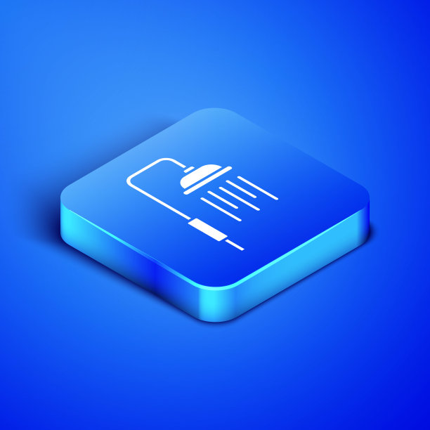 等距莲蓬头与水滴流动图标孤立在蓝色背景。蓝色方块按钮。矢量图图片下载