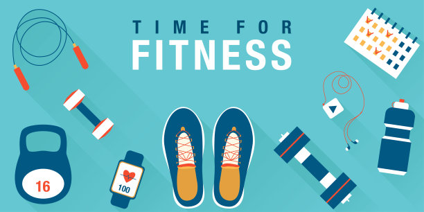 健身理念与设备一起锻炼。健身，运动，饮食和健康的生活方式横幅与复制空间和训练设备在蓝色的背景。矢量插图现代模板平面设计图片下载