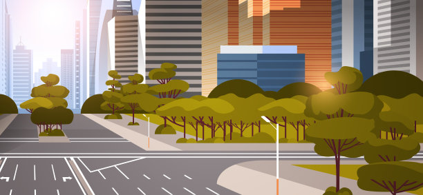 公路沥青公路与标记箭头交通标志城市天际线现代摩天大楼城市景观日落背景平水平图片下载