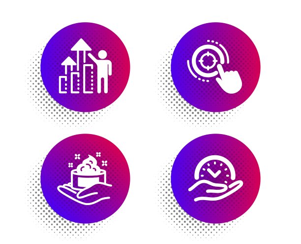 员工结果，皮肤护理和Seo目标图标集。安全的时间标志。图表，护手霜，点击瞄准。管理。向量图片下载